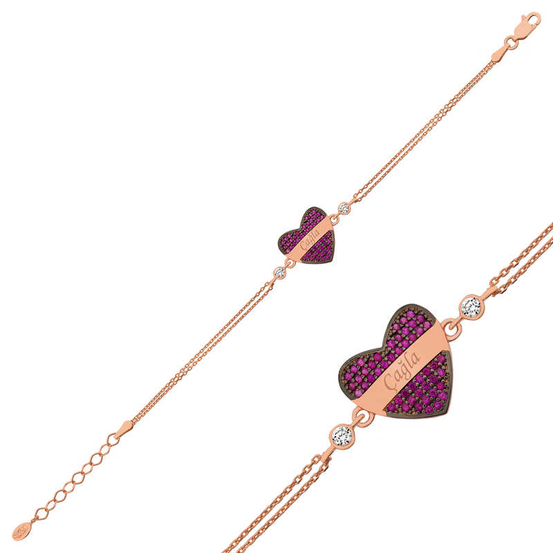 Gümüş Rose Kırmızı Kalp İsimli Bayan Bileklik Gümüş Rose Kırmızı Kalp İsimli Bayan Bileklik