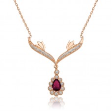 Gümüş Rose Kırmızı Taşlı Madalyon Bayan Kolye