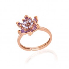 Gümüş Rose Lila Taşlı Lotus Çiçeği Kadın Yüzük