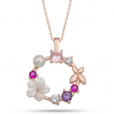 Gümüş Rose Manolya Çiçeği Kelebek Kadın Kolye