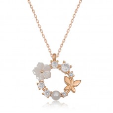 Gümüş Rose Manolya Çiçeği Kelebek Kadın Kolye