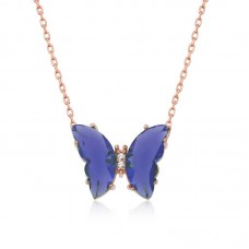 ​Gümüş Rose Mavi Cam Kelebek Kolye