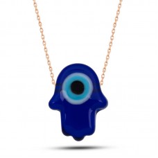 Gümüş Rose Mavi Nazarlı Cam Fatma Ana Eli Kadın Kolye