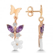 Gümüş Rose Mor Taşlı Sedef Çiçek Çivili Kadın Küpe