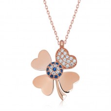 Gümüş Rose Nazarlı Dört Yapraklı Yonca Kadın Kolye