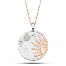 Gümüş Rose Opal Beyaz Taşlı Ay Güneş Kadın Kolye