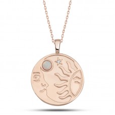 Gümüş Rose Opal Beyaz Taşlı Ay Güneş Kadın Kolye