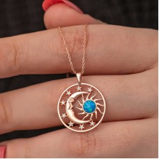 Gümüş Rose Opal Mavi Taşlı Ay Güneş Kadın Kolye