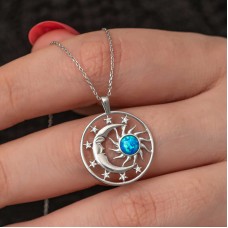 Gümüş Opal Mavi Taşlı Ay Güneş Kadın Kolye