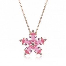 Gümüş Rose Pembe Kamelya Çiçeği Kolye