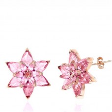 Gümüş Rose Pembe Lotus Çiçeği Çivili Kadın Küpe