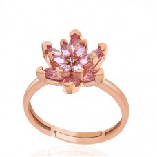 Gümüş Rose Pembe Taşlı Lotus Çiçeği Kadın Yüzük