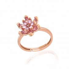 Gümüş Rose Pembe Taşlı Lotus Çiçeği Kadın Yüzük