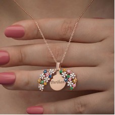 Gümüş Rose Renkli Çiçek Kişiye Özel Kadın Kolye