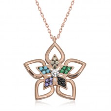 ​Gümüş Rose Renkli Taşlı Çiçek Kadın Kolye