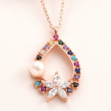 Gümüş Rose Renkli Taşlı Çiçekli Kadın Kolye