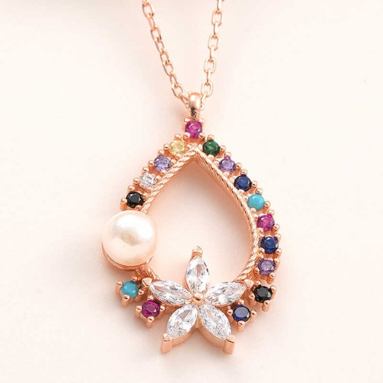 Gümüş Rose Renkli Taşlı Çiçekli Kadın Kolye