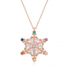 Gümüş Rose Renkli Taşlı Kar Tanesi Kadın Kolye