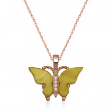 Gümüş Rose Sarı Kaplangözü Taşlı Kelebek Kolye