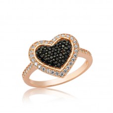 Gümüş Rose Siyah Taşlı Kalp Bayan Yüzük