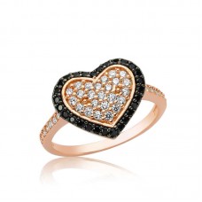 Gümüş Rose Siyah Taşlı Kalp Bayan Yüzük