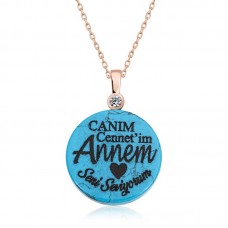 ​Gümüş Rose Turkuaz Taşlı Annem Yazılı Kadın Kolye