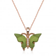 Gümüş Rose Yeşil Kaplangözü Taşlı Kelebek Kolye