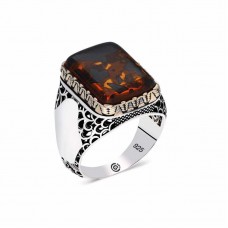 ​Gümüş Sıkma Kehribar Taşlı Kare Erkek Yüzük