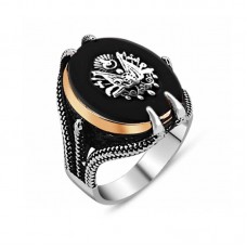 Gümüş Siyah Taşlı Kartal Pençesi Osmanlı Devlet Arması Erkek Yüzük