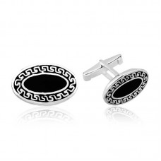 Gümüş Siyah Zeminli Desenli Oval Kol Düğmesi