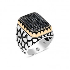 Gümüş Siyah Zirkon Taşlı Kare Erkek Yüzük
