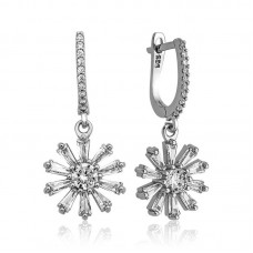 Gümüş Trapez Taşlı Çiçek Bayan Küpe