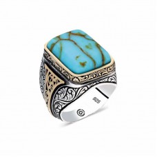 ​Gümüş Turkuaz Çizgi Geçişli Taşlı Kare Erkek Yüzük