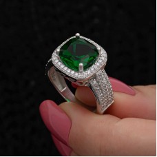 Gümüş Yeşil Baget Kare Kadın Yüzük