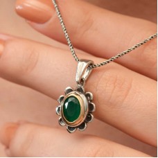 Gümüş Yeşil Çiçek Desenli Otantik Kadın Kolye