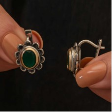 Gümüş Yeşil Çiçek Desenli Otantik Kadın Küpe