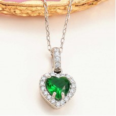 Gümüş Yeşil Taşlı Kalpli Kadın Kolye