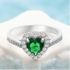 Gümüş Yeşil Taşlı Kalpli Kadın Yüzük