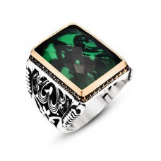 Gümüş Yeşil Zirkon Taşlı Erkek Yüzük