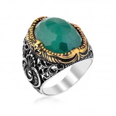 Gümüş Yeşil Zirkon Taşlı Erkek Yüzük