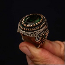 Gümüş Yeşil Zirkon Taşlı Erkek Yüzük