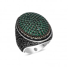 Gümüş Yeşil Zirkon Taşlı Oval Erkek Yüzük