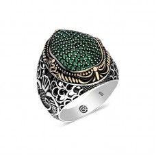 Gümüş Yeşil Zirkon Taşlı Oval Erkek Yüzük