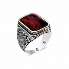 Gümüş Zirkon Kırmıızı Taşlı Kare Erkek Yüzük