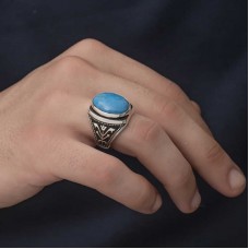 Gümüş Zirkon Turkuaz Taşlı Oval Erkek Yüzük
