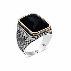 Gümüş Zirkon Siyah Taşlı Kare Erkek Yüzük