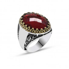 Gümüş Kırmızı Zirkon Taşlı Erkek Yüzük
