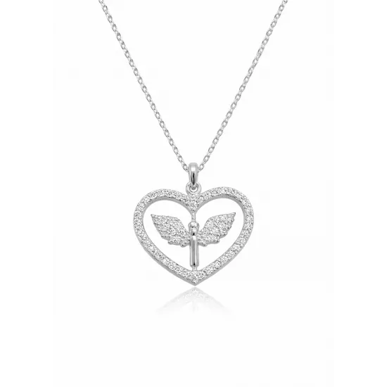 Gümüş Mikail Meleği Figürlü Kalp Kadın Kolye