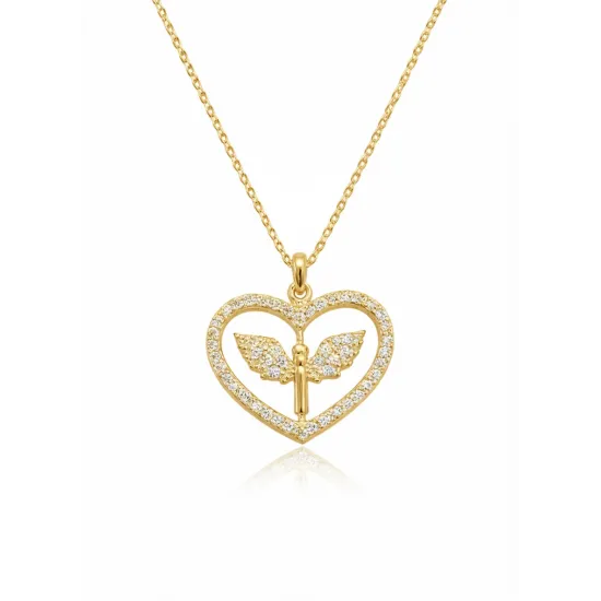 Gümüş Gold Mikail Meleği Figürlü Kalp Kadın Kolye