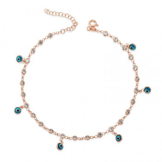 Gümüş Sıralı Zirkon Taşlı Nazarlı Rose Halhal Gümüş Sıralı Zirkon Taşlı Nazarlı Rose Halhal